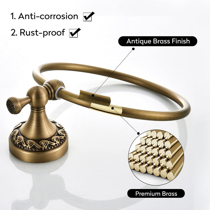 Leyden Brass Towel Ring, Antique Retro Round Towel Holder, Wall Mounted Bath Hand Towel Rack Rail Bathroom Hardware Classical Ancient Wave Pattern Base