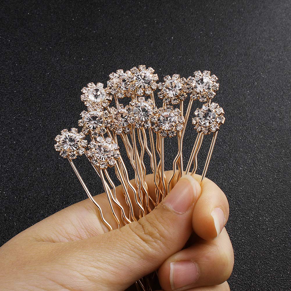 Ammei Crystal Bridal Hair Pins Clips Wedding Hair Accessories Hair Set Jewelry With Rhinestone For Brides and Bridesmaids Set Of 12 (Rose Gold)