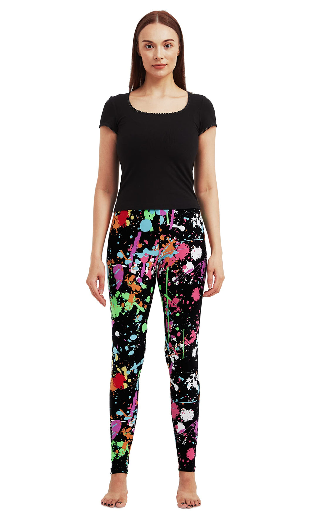 Women&#39;s 80s Leggings Artistic Splash Printed Buttery Soft Stretchy Pants (Large, Color Splash)