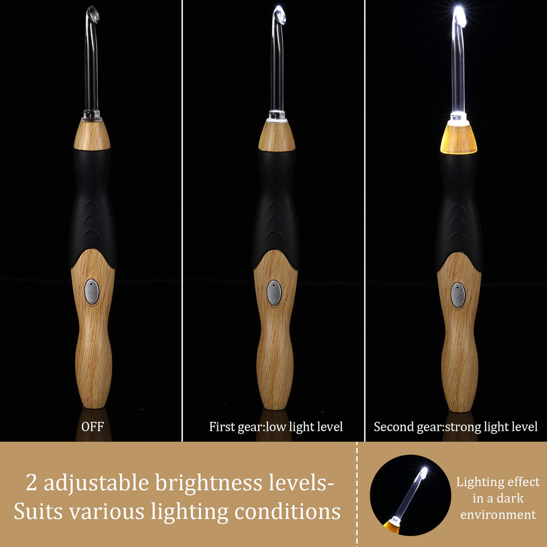 11 Sizes Lighted Crochet Hooks Set Rechargeable Light Up Crochet Hooks with Case, Interchangeable Heads 2.5 mm to 8 mm for DIY Craft Supplies (Wood Color-Black)