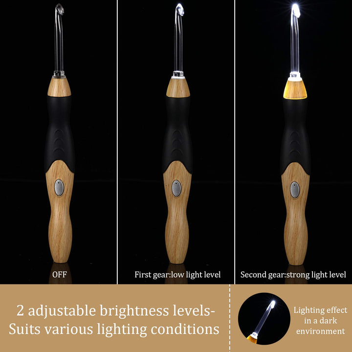 11 Sizes Lighted Crochet Hooks Set Rechargeable Light Up Crochet Hooks with Case, Interchangeable Heads 2.5 mm to 8 mm for DIY Craft Supplies (Wood Color-Black)