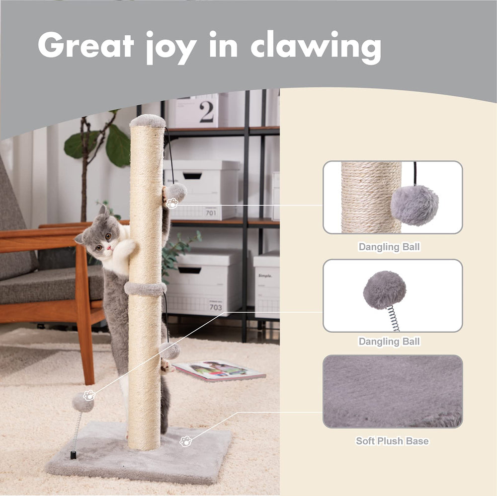34“ Tall Cat Scratching Post Premium Basics Kitten Scratcher Sisal Scratch Posts Trees with Hanging Ball for Indoor Cats, Gray