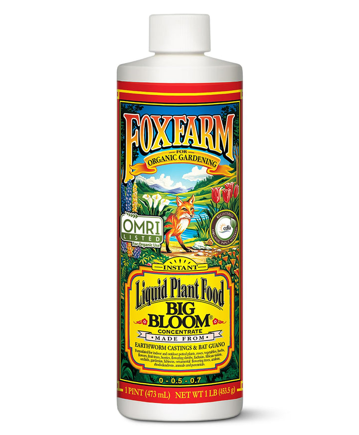 - Big Bloom Plant Food, Liquid Fertilizer Concentrate for Flowers, Fruits, and Vegetables, All Purpose Plant Fertilizer for Indoor &amp; Outdoor Potted Plants, NPK 0.01-0.03-0.7 (Pint)