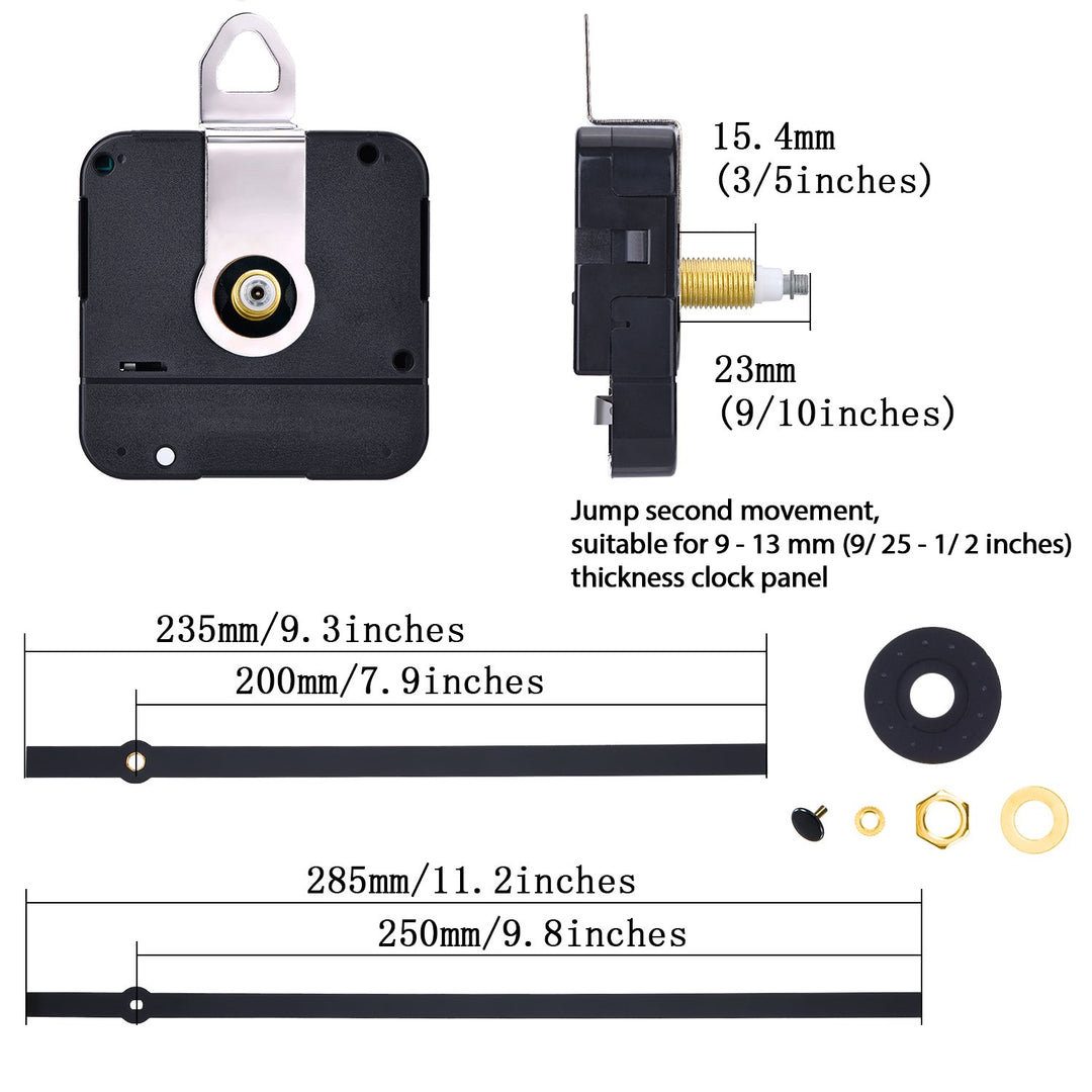 Long Shaft High Torque Clock Movement Mechanism with Long Straight Hands 250 mm/ 9.8 Inches (Black)