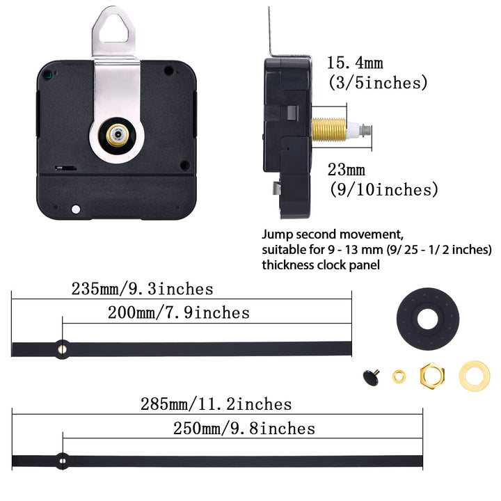 Long Shaft High Torque Clock Movement Mechanism with Long Straight Hands 250 mm/ 9.8 Inches (Black)