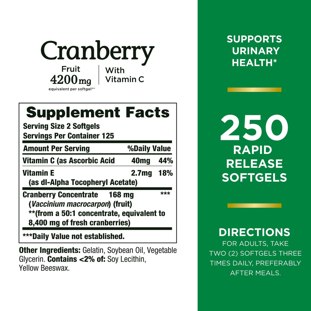 Nature&#39;s Bounty Cranberry 4200mg With Vitamin C, Urinary Health &amp; Immune Support, Cranberry Concentrate, 250 Rapid Release Softgels
