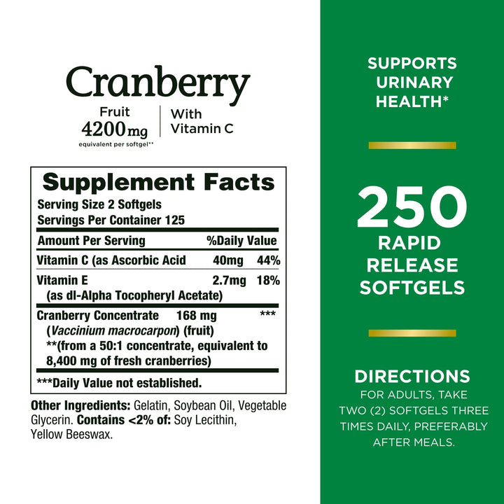 Nature&#39;s Bounty Cranberry 4200mg With Vitamin C, Urinary Health &amp; Immune Support, Cranberry Concentrate, 250 Rapid Release Softgels