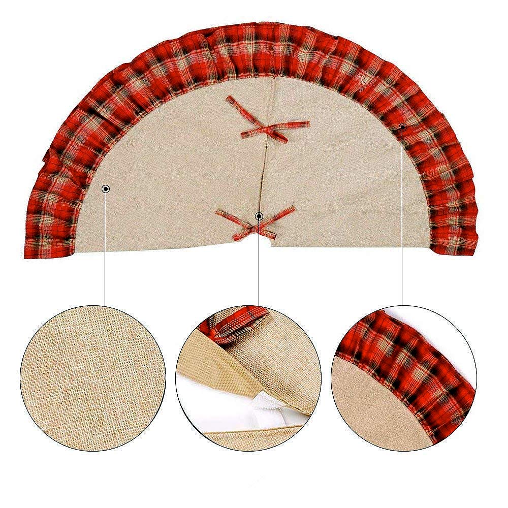 Burlap Tree Skirt for Christmas Rustic Large Country Natural Brown Skirts & Red Plaid Trim Farmhouse Xmas Holiday Decorations 30 Inch Round Diameter