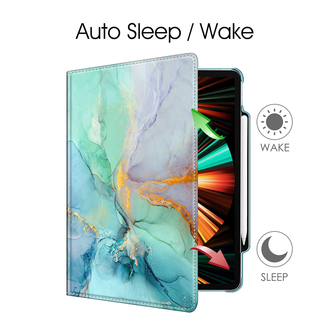Rotating Case for iPad Pro 12.9-inch 6th Generation 2022-360 Degree Swiveling Protective Cover with Pencil Holder, Auto Sleep/Wake, Also Fit iPad Pro 12.9 5th/4th/3rd Gen, Emerald Marble
