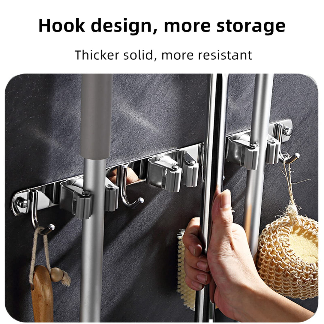 Stainless Steel Broom Holder Bathroom Storage Wall Mount Metal Holder for Heavy Duty Tool Organizer (3 Clips 4 Hooks)