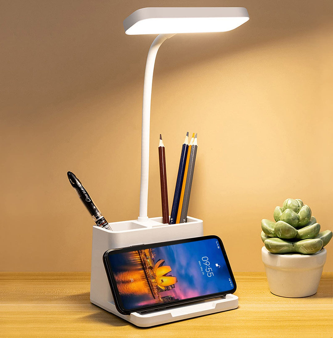 LED Desk Lamp with Pen &amp; Phone holder, USB Rechargeable Book Reading Light,Eye-Caring Study Lamp for Kids, Touch Table Lamp with Flexible Gooseneck for Home,Office,3 Color Modes &amp; Stepless Dimming