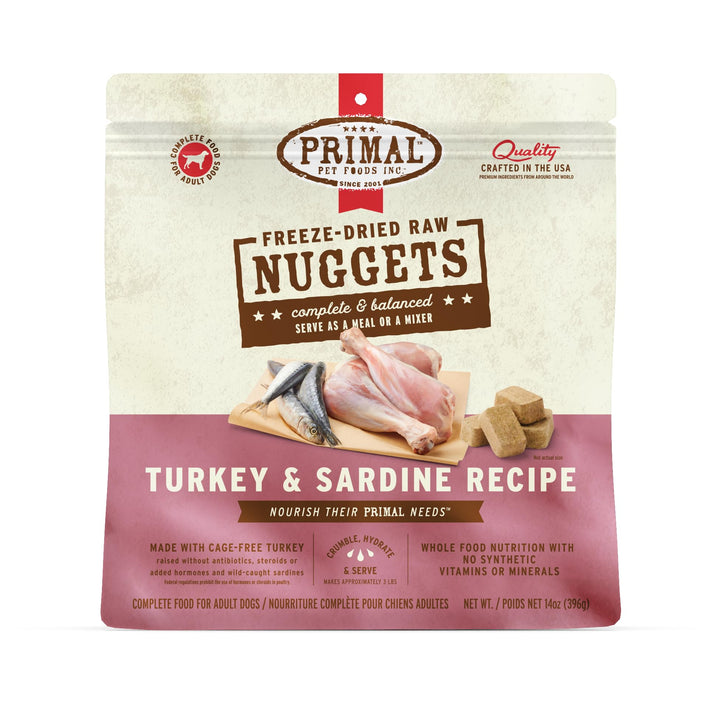 Primal Freeze Dried Raw Dog Food Nuggets, Turkey &amp; Sardine Complete &amp; Balanced Meal, Also Use as Topper or Treat, Premium, Healthy, Grain Free, High Protein Raw Dog Food, 14 oz