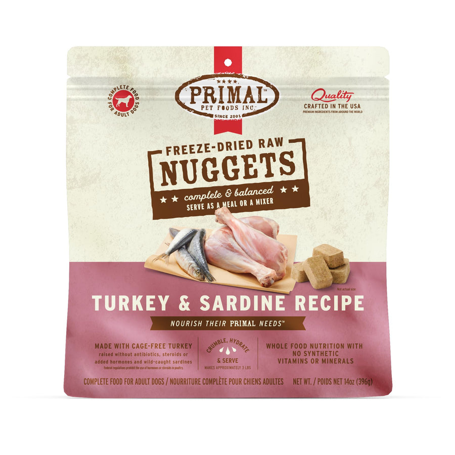 Primal Freeze Dried Raw Dog Food Nuggets, Turkey & Sardine Complete & Balanced Meal, Also Use as Topper or Treat, Premium, Healthy, Grain Free, High Protein Raw Dog Food, 14 oz