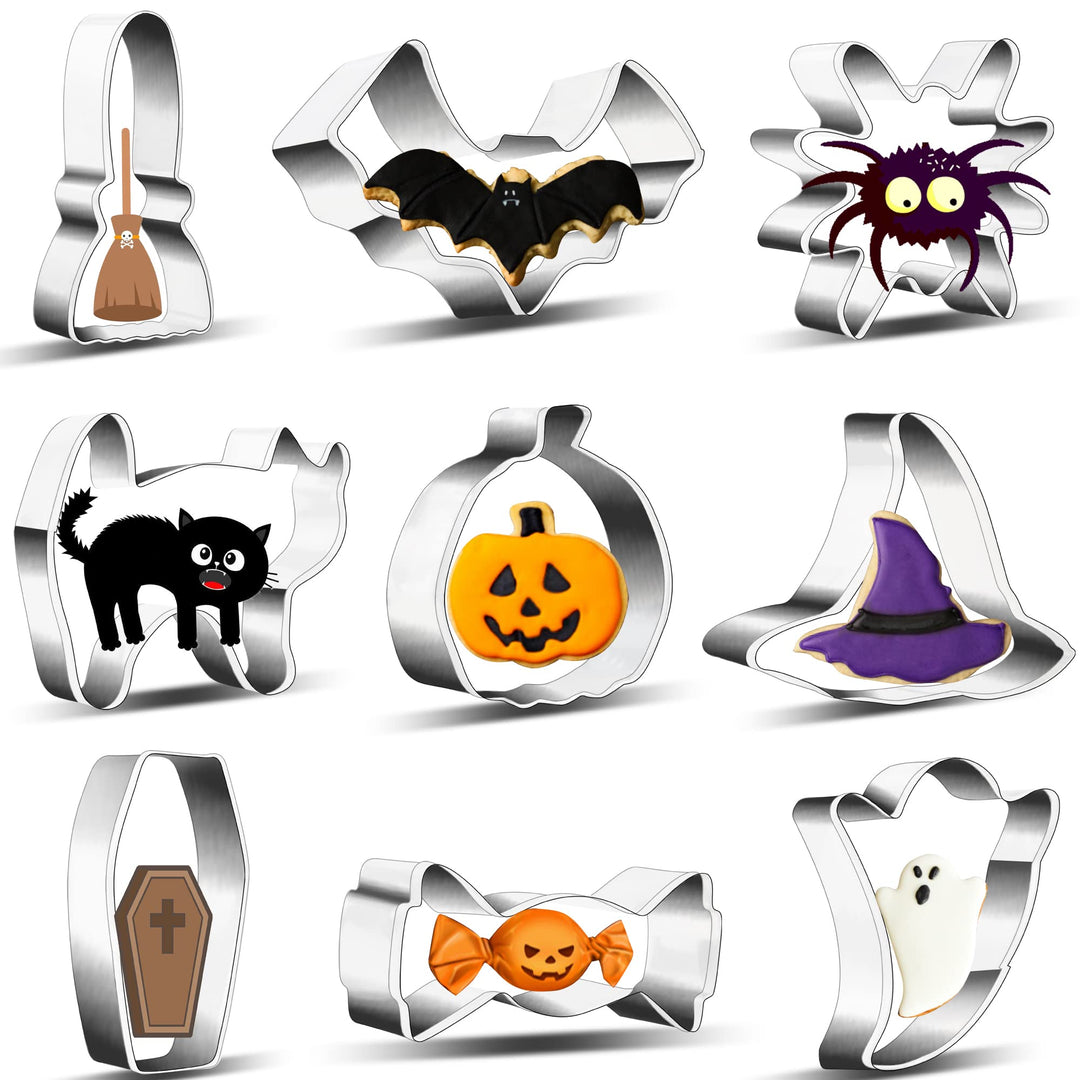 9 Pcs Halloween Cookie Cutters -Pumpkin Candy Bat Ghost Cat Witch Hat Broom Spider Coffin Halloween Goodie Bag Filler for Kid Trick or Treat Food Mold