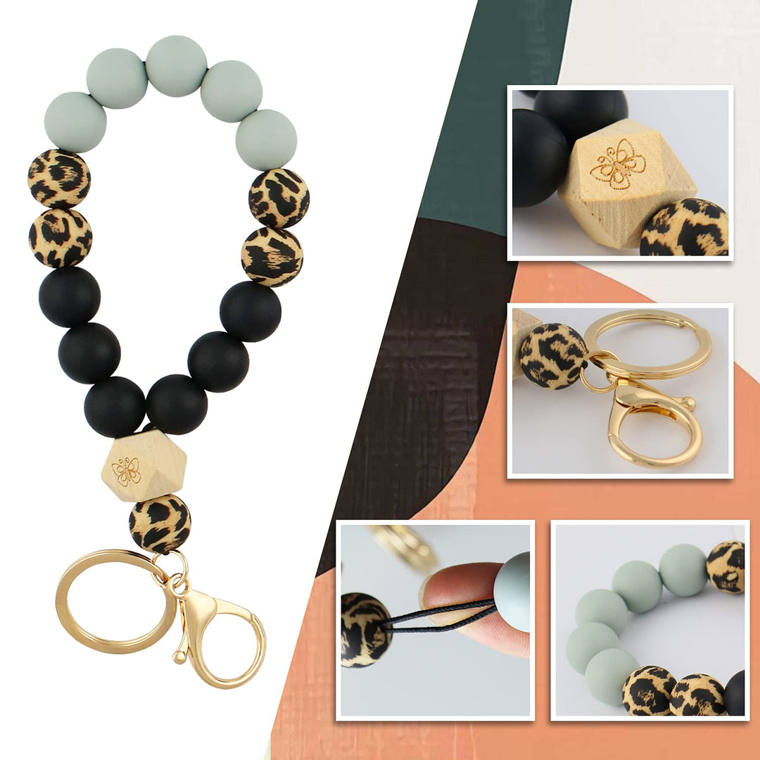 Wristlet Bracelet Keychain with Wallet for Women, Silicone Beaded Keychain Bangle Car Key Rings Card Holder (Black)