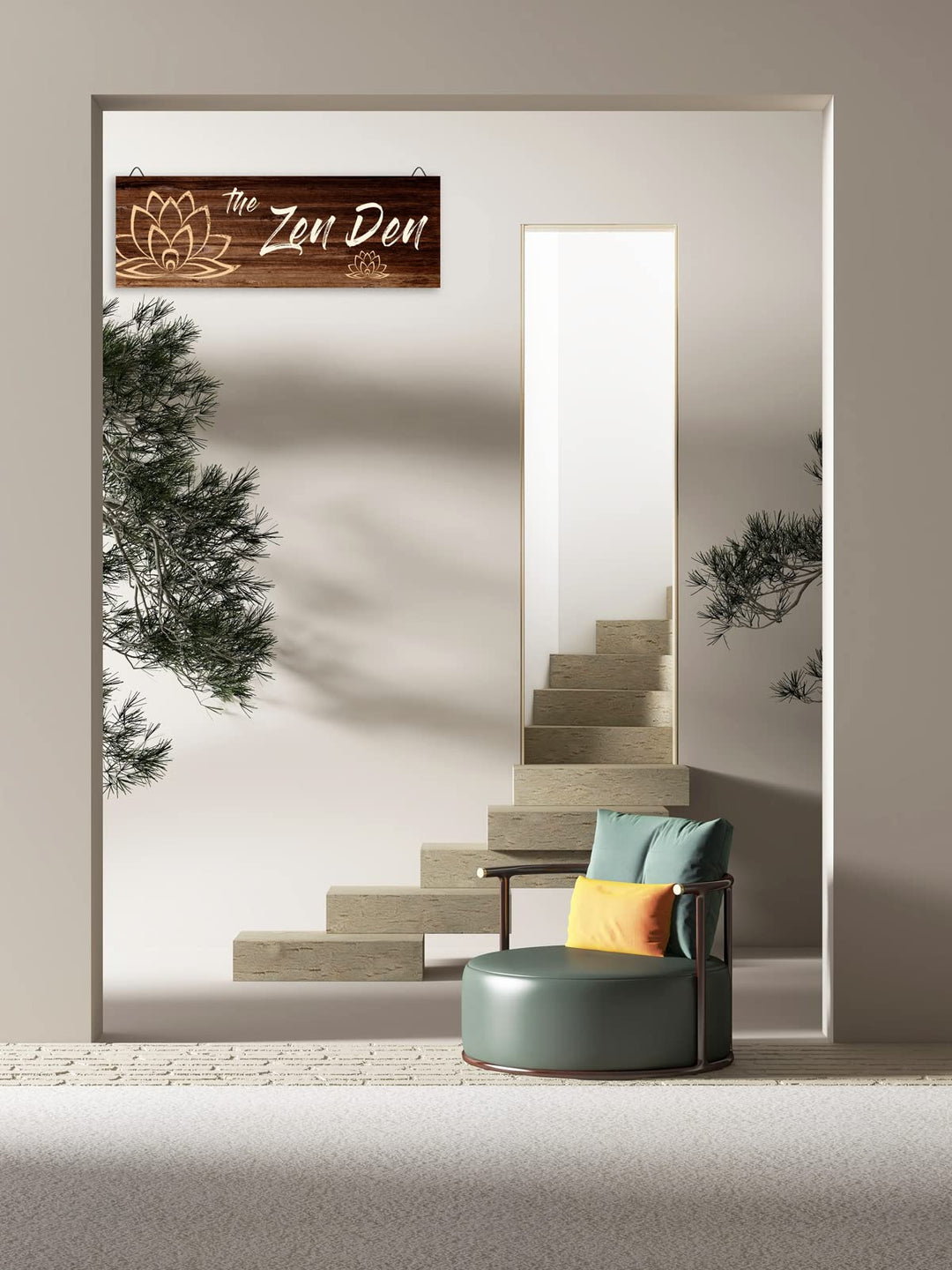 The Zen Den Wooden Wall Sign, 13.7 x 4.7 Inches Hippie Room Decoration with Hooks, Hanging Meditation Accessories Decor for Chakra, Spiritual Room Accents