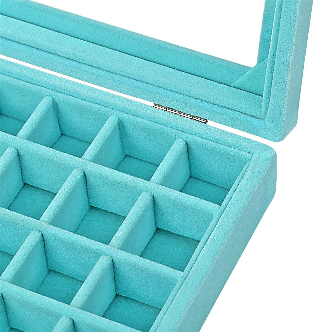 24 Grid Velvet Glass Jewelry Box Jewellery Organiser Earring Ring Storage Holder Case Box (Sky Blue)