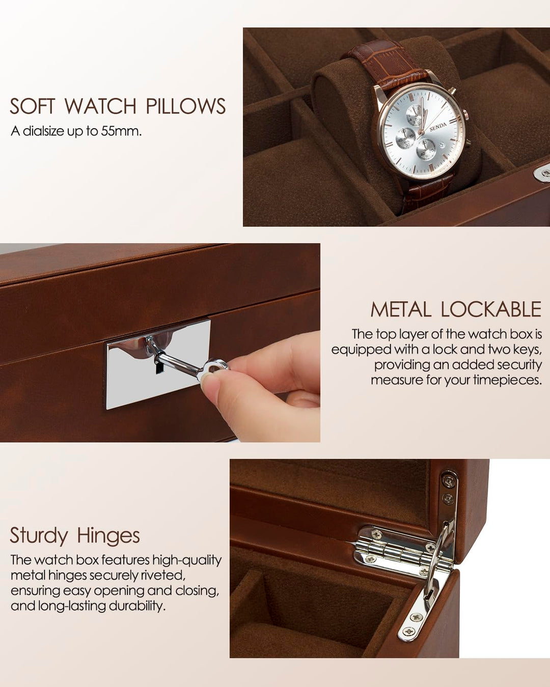 Watch Box, Luxury 10 Slot Watch Case with 55MM Wide Velvet Pillows, Watch Organizer Storage with Real Glass Lid, Watch Display Case for Men and Women Gift, Brown