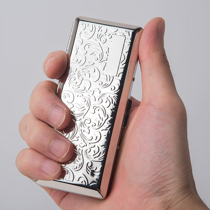 Metal Carry Cigarette Case, Double Sided Spring Clip,Holds 10 100mm Cigarettes (Vines Silver)