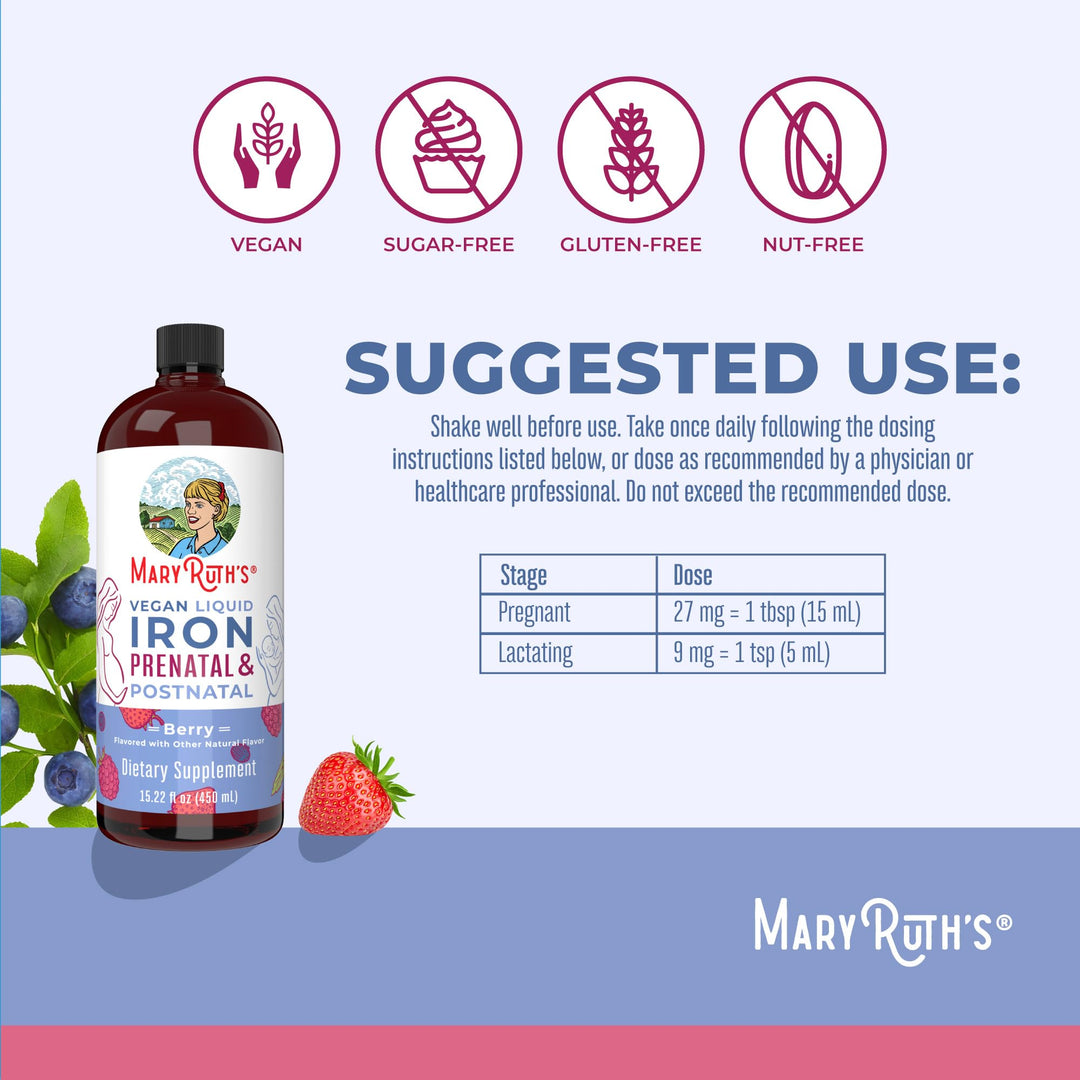 | Liquid Iron Supplement Prenatal &amp; Postnatal for Pregnant &amp; Lactating | Iron Deficiency | Immune Support | Sugar/Gluten Free | Vegan | Non-GMO | 15.22 Fl Oz