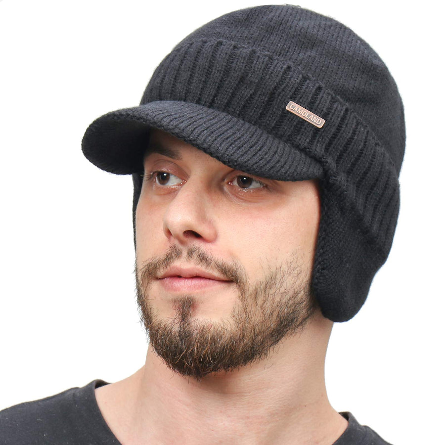 30% Wool Winter Beanie w/Visor & Earflaps for Men Outdoor Fleece Hat