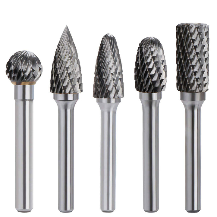 5PCS Double Cut Carbide Rotary Burrs Set - 1/4 Inch Shank 2/5 Inch Head Die Grinder Bits Solid Carbide Rotary Burr File Set for Die Grinder Drill, Metal Carving,Polishing,Engraving,Drilling
