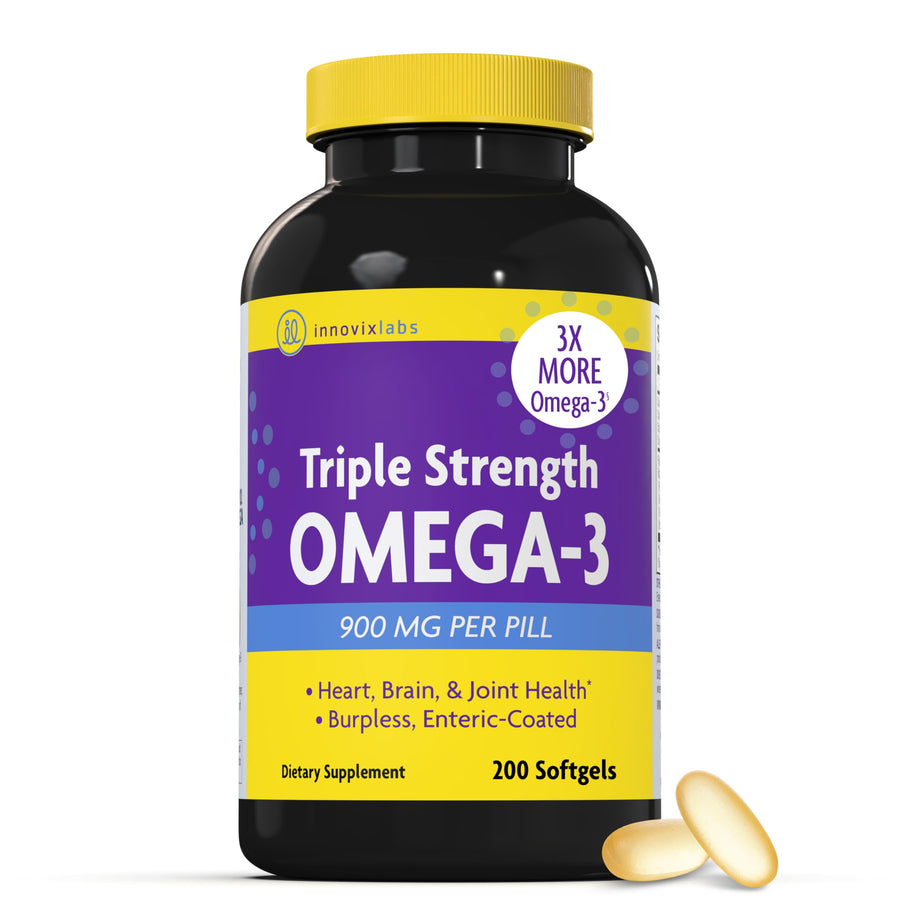 Triple Strength Omega 3 Fish Oil Supplement, 900 mg, Pure EPA DHA Omega 3 Supplement Brain and Joints, Burpless Omega-3 for Women and Men with Enteric Coating, 200 Capsules