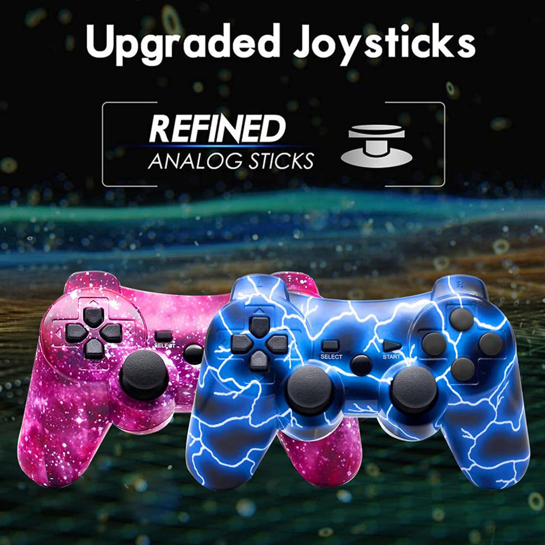 PS3 Controller Wireless 2 Pack Double Shock Gamepad for PlayStation 3 Remotes, Six-Axis Wireless PS3 Controller with Charging Cable, Blue+ Purple