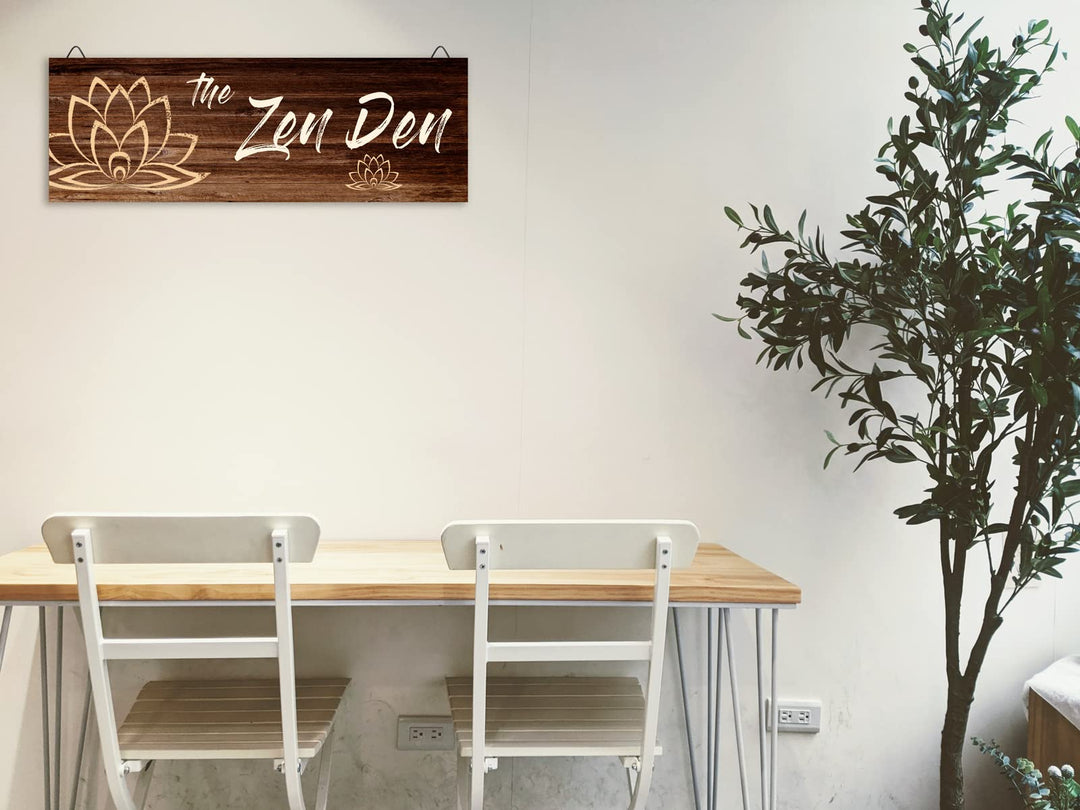 The Zen Den Wooden Wall Sign, 13.7 x 4.7 Inches Hippie Room Decoration with Hooks, Hanging Meditation Accessories Decor for Chakra, Spiritual Room Accents