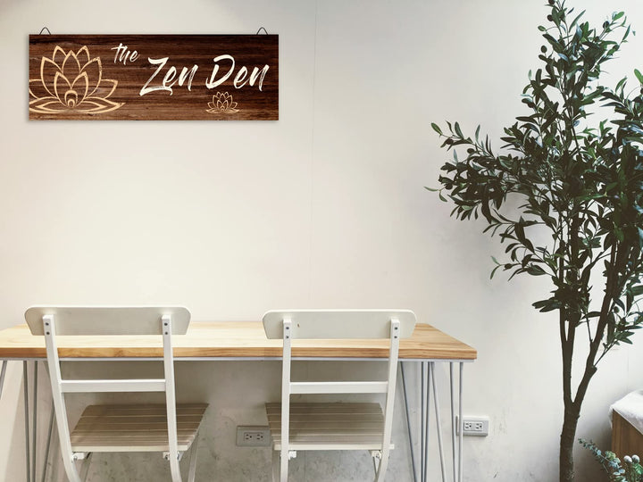 The Zen Den Wooden Wall Sign, 13.7 x 4.7 Inches Hippie Room Decoration with Hooks, Hanging Meditation Accessories Decor for Chakra, Spiritual Room Accents