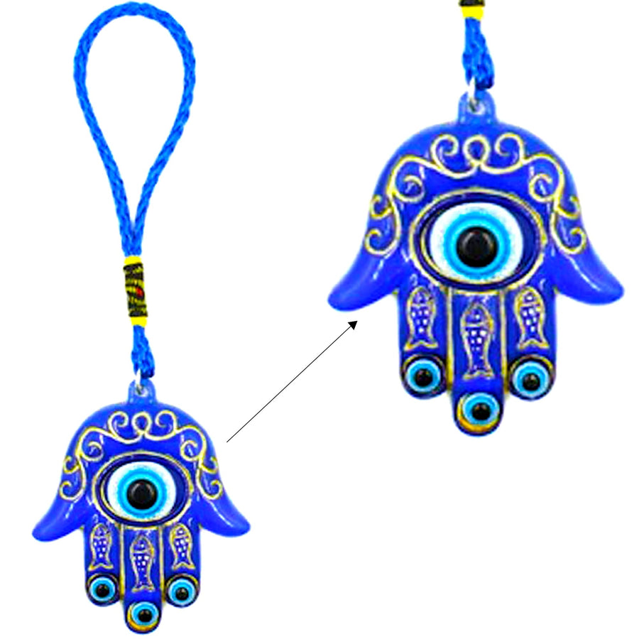 Hamsa Hand Amulet for Protection - Blue, White & Black Evil Eye Hanging Ornament - Rear View Mirror Accessories - Things to Hang in Wall, Car, Home or Office Door (Blue Rope)