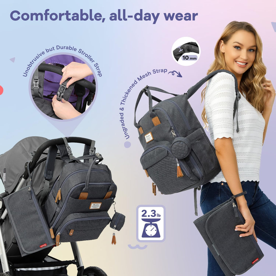 Diaper Bag Backpack, Multifunction Travel Pack Maternity Baby Changing Bags, Large Capacity, Waterproof, Dark Gray
