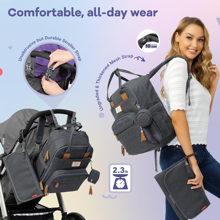 Diaper Bag Backpack, Multifunction Travel Pack Maternity Baby Changing Bags, Large Capacity, Waterproof, Dark Gray