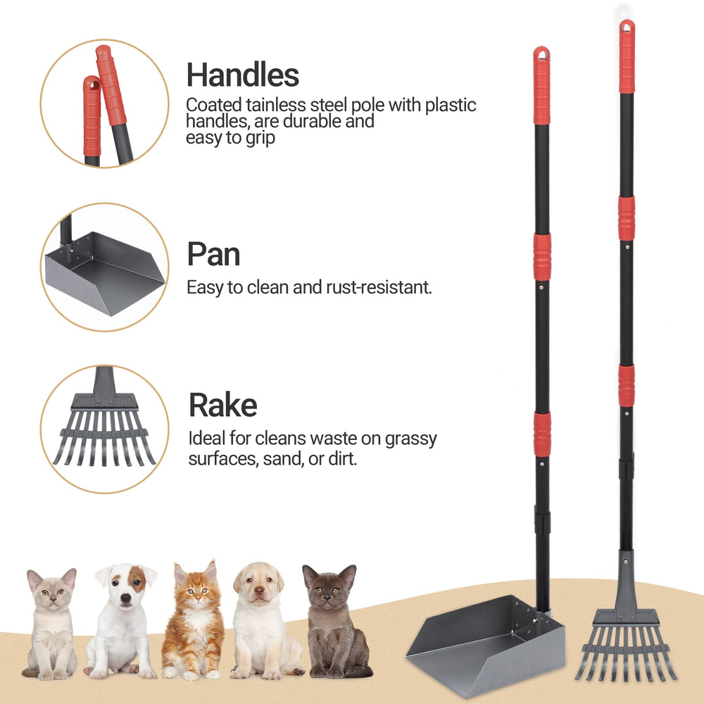 Dog Pooper Scooper, Dog Poop Tray and Rake Set, Pet Waste Removal Scoop with Long Adjustable Sectional Stainless Handles, 2 Pieces
