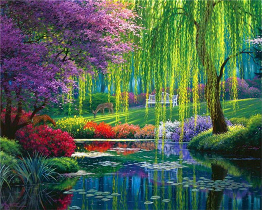 DIY Paint by Number Kits for Adult Beginner,Acrylic Watercolor Painting Canvas,16x20 Inch Drawing with Brushes Home Decor Christmas Gifts (BM.Spring Pond Willow)