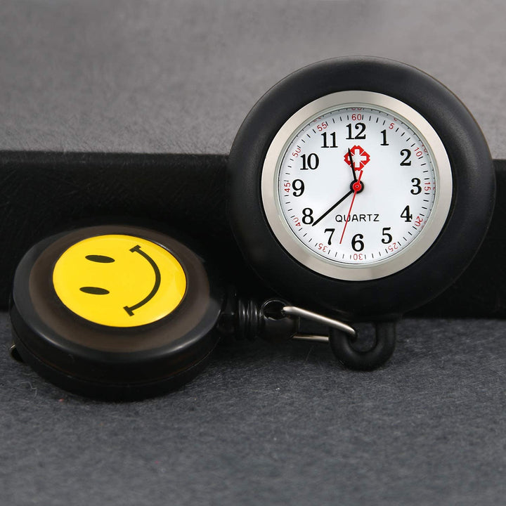 Retractable Nurse Watches with Second Hand Clip-on Hanging Lapel Silicone Jelly Fob Pocket Watch Cute Cartoon Smile Round Face Arabic Markers for Doctor Nurses Women and Men
