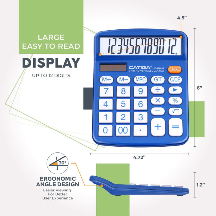 Desktop Calculator 12 Digit with Large LCD Display and Sensitive Button, Solar and Battery Dual Power, Standard Function for Office, Home, School, CD-2786 (Blue)