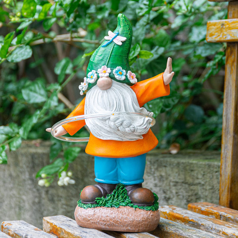 Garden Gnome Outdoor Statue, Funny Gnomes Garden Sculptures & Statues Playing Hula Hoop with Solar LED Light Resin Yard Ornament for Outdoor Garden Lawn Patio Decor, Housewarming Gifts