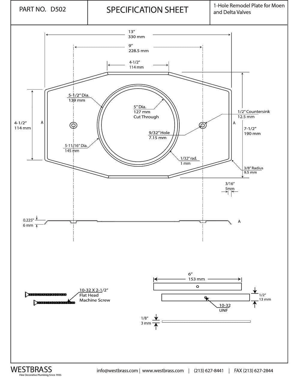 Westbrass D502-26 One-Hole Remodel Plate for Moen and D