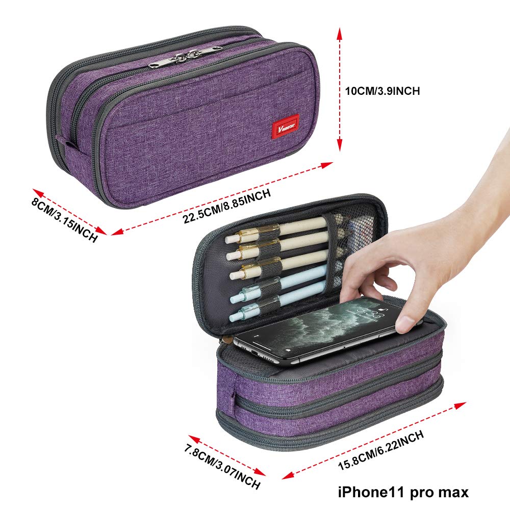 Large Pencil Case Big Capacity Pencil Bag Large Storage Pouch 3 Compartments Desk Organizer Marker Pen Case Simple Stationery Bag Pencil Holder (Plaid White)