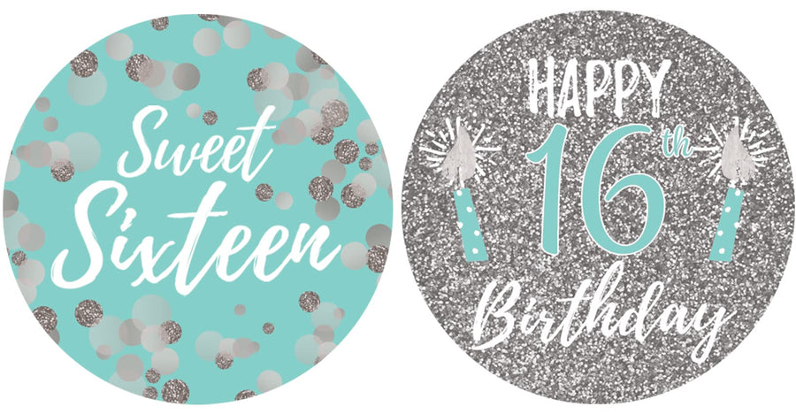 Sweet Sixteen 16th Birthday Favor Stickers, 1.75 in, 40 Labels (Blue and Silver)