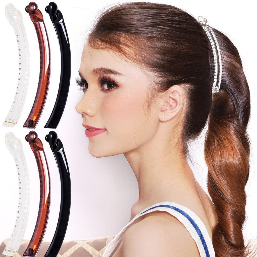 6 Pcs Womens Thin Banana Ponytail Maker Holder Cute Secure Grip Hair No Slip Girls Ladies Beauty Fashion Accessory Clamp Clasp Clip, Medium Clear Brown and Black