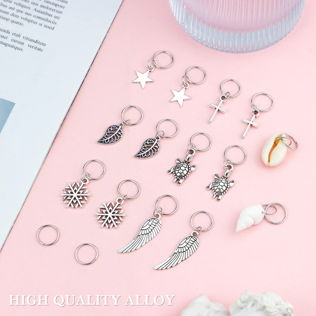 Hair Braid Rings, 50PCS Hair Loops Clips Silver Ring Shell Leaves Star Conch Snowflake Pendant Charms Set Hair Clip Headband Accessories