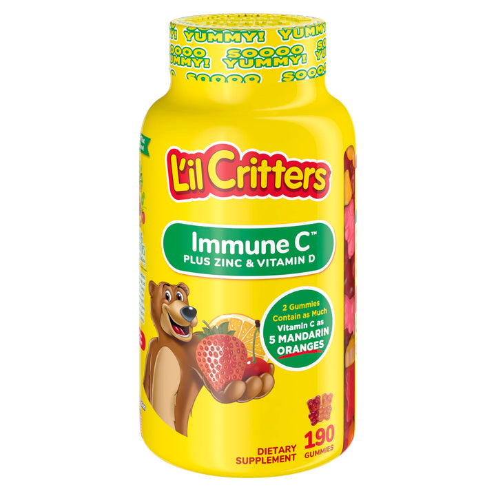 L’il Critters Immune C Daily Gummy Supplement Vitamin for Kids, for Vitamin C, D and Zinc for Immune Support, Orange, Lemon, Strawberry and Cherry Flavors, 190 Gummies (Packaging May Vary)