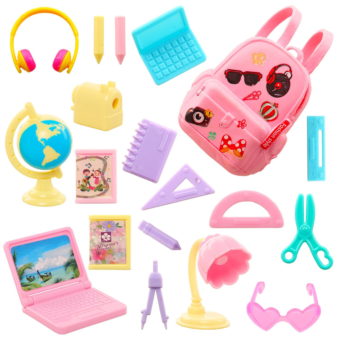19 Pcs Girl Doll School Accessories Mini Doll Backpack Mini Desk Lamp Laptop Mini Globe Glasses and Headset for 11.5 Inch Doll School Playset