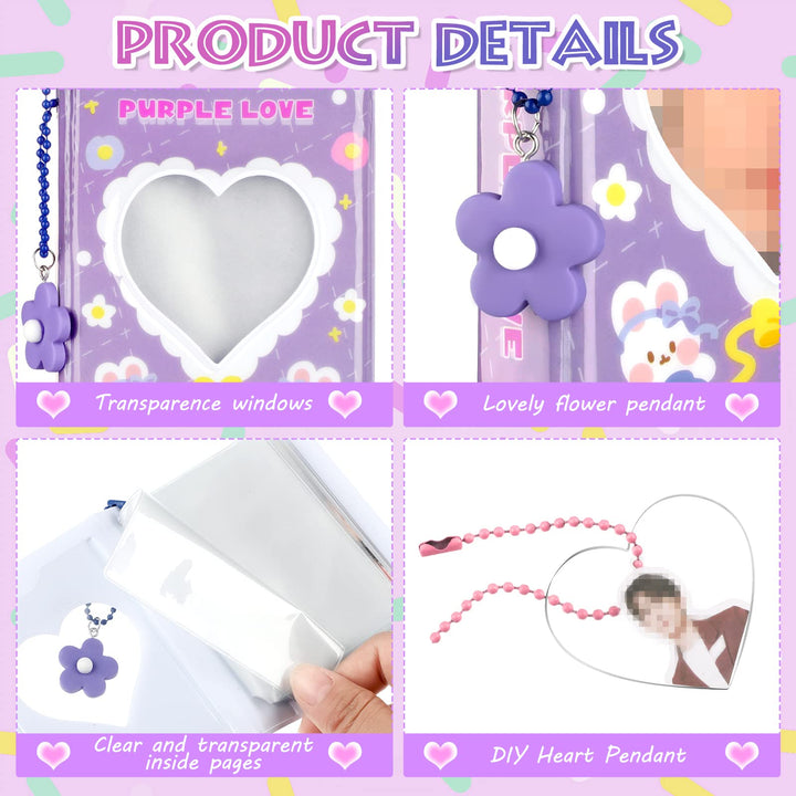3 Pieces 3 Inch Mini Photo Album Set Kpop Photocard Binder Kpop Photocard Holder Book Kpop Album With Pendant And Diy Keychian For Collecting Picture, 40 Pockets(Rabbit, Flower)