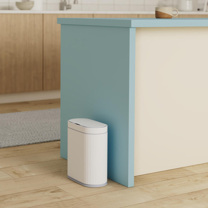Bathroom Trash Can - 9.5 litres Waterproof Sensor Trash Can, 2.5 Gallon Motion Sensor Trash Can, Slim Garbage Bin for Narrow Kitchen and Office Use, White with Grey Trim