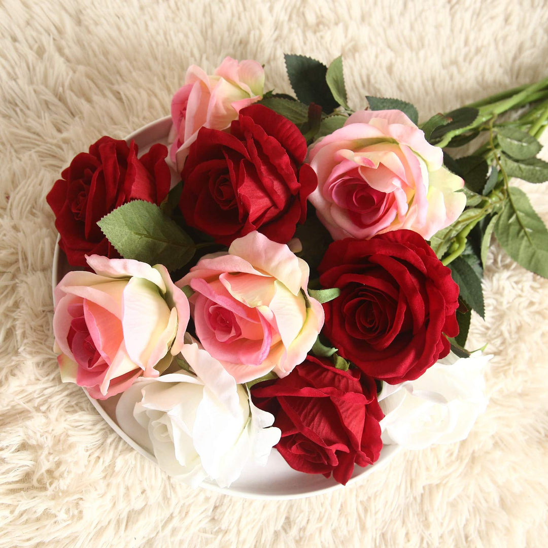 Artificial Silk Rose Flowers 12pcs Real Looking Fake Big Roses Velvet Roses Bridal Bouquet Wedding Home Kitchen Decorations or Gift (Pink and Red)