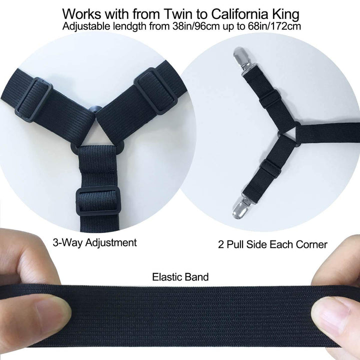 Bed Sheet Clip Straps - 2 Way Adjustable Crisscross Sheet Corner Holder Straps Gripper Elastic Sheet Band Mattress Straps Fasten Suspenders(2 Set/4Pcs, Black)