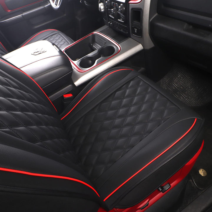 Car Seat Covers for Dodge Ram,Fit 2009-2023 1500/2500/3500 HD Pick-up Truck,Crew,Regular,Quad,Mega Cab,Waterproof Synthetic Leather Seat Covers(5PCS-Full Set,Black-Red)